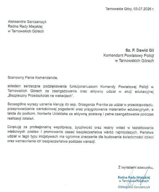 Podziękowania dla tarnogórskich policjantów od radnej miejskiej