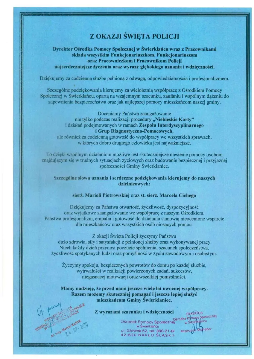 Życzenia na Święto Policji od Ośrodka Pomocy Społecznej